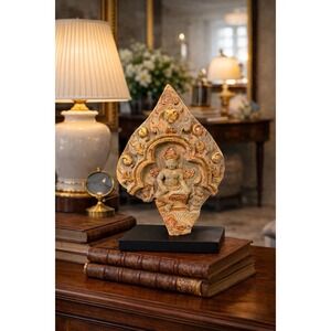 Thai Sandstone Temple Deva Fragment Gilding Traces Custom Mount on Black Plinth